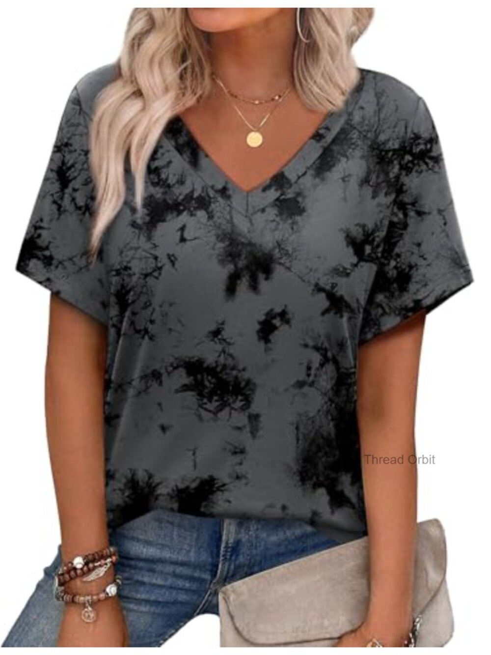 Womens V Neck Short Sleeve Tunic Top Polyester Spandex Casual Vacation Shirt
